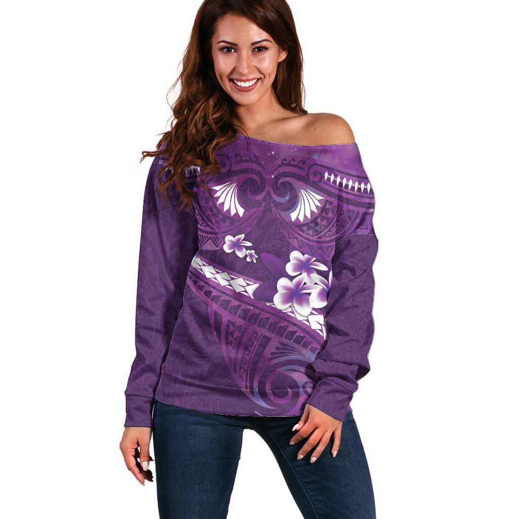 Purple Polynesia Off Shoulder Sweater Tribal Pattern Tropical Frangipani LT14 Women Purple - Polynesian Pride