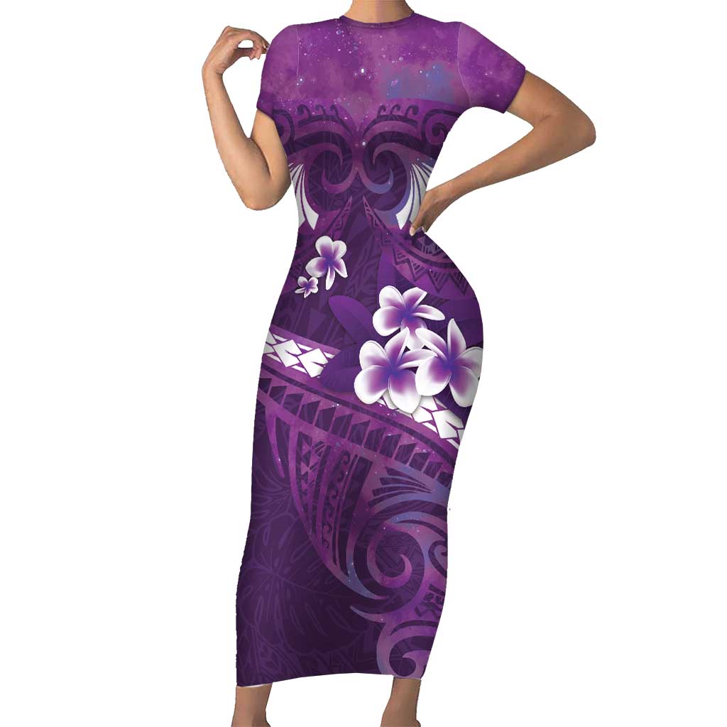 Purple Polynesia Short Sleeve Bodycon Dress Tribal Pattern Tropical Frangipani LT14 Long Dress Purple - Polynesian Pride