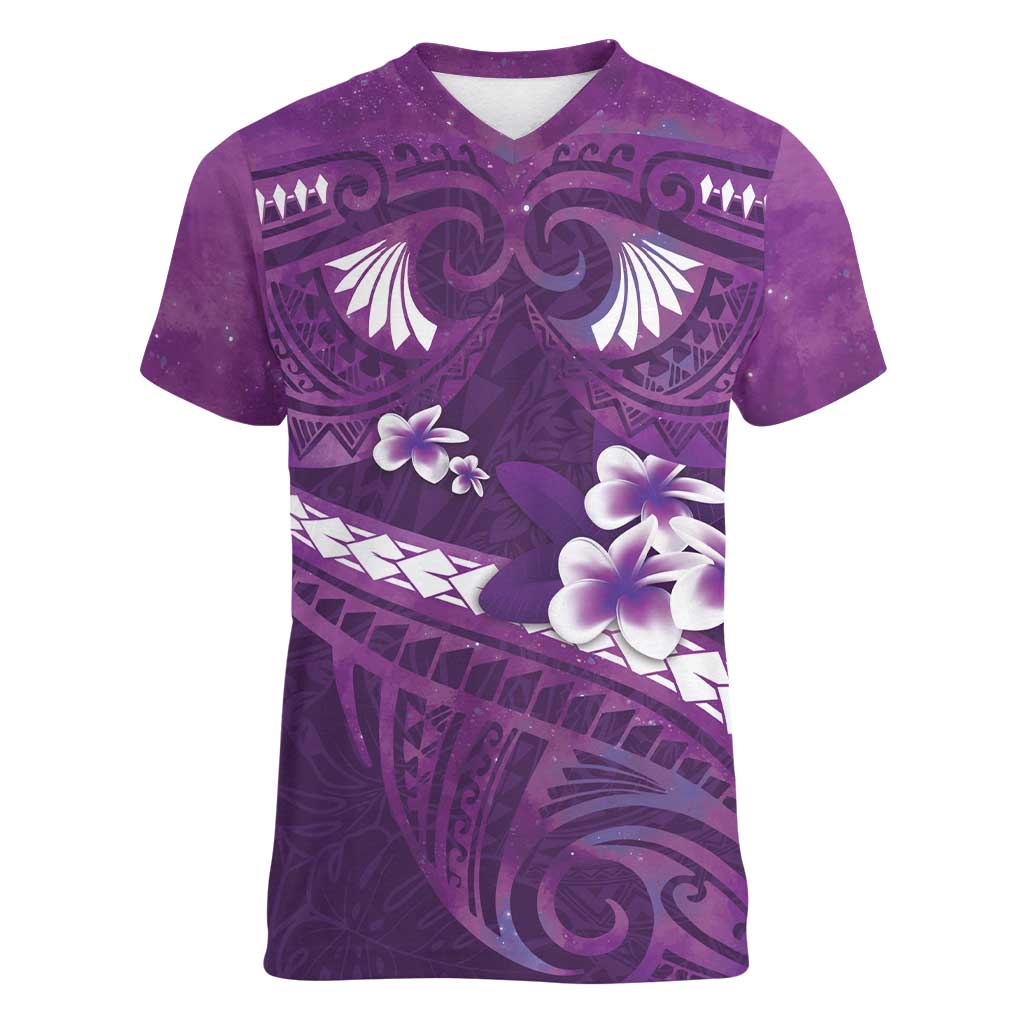 Purple Polynesia Women V-Neck T-Shirt Tribal Pattern Tropical Frangipani