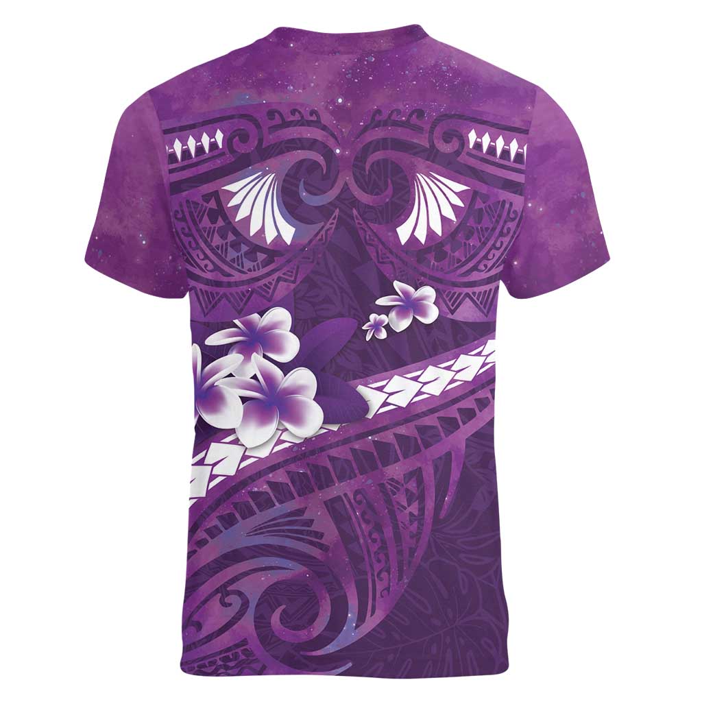 Purple Polynesia Women V-Neck T-Shirt Tribal Pattern Tropical Frangipani