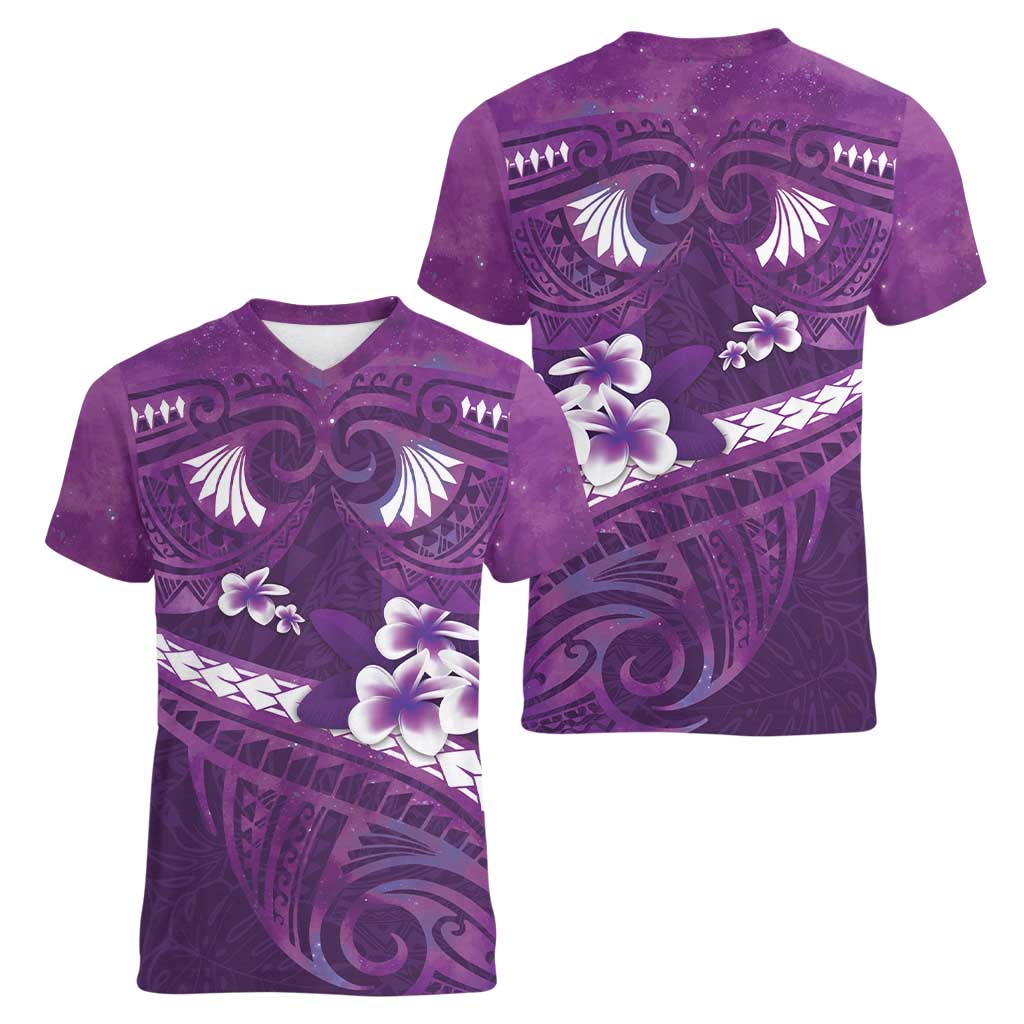 Purple Polynesia Women V-Neck T-Shirt Tribal Pattern Tropical Frangipani
