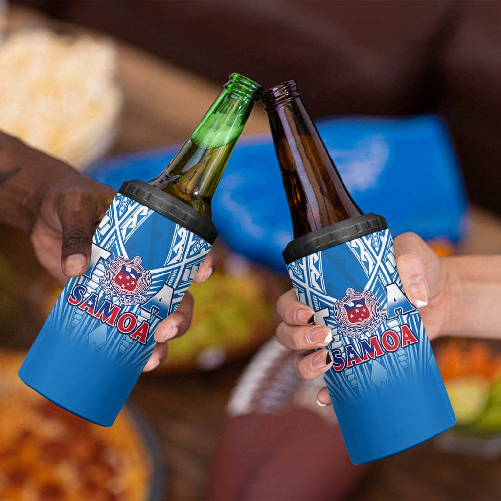 Samoa Rugby 4 in 1 Can Cooler Tumbler Toa Samoa Polynesian Pacific Blue Version