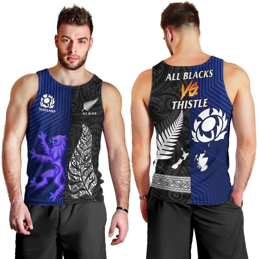 New Zealand and Scotland Rugby Men Tank Top All Black Maori With Thistle Together LT14 - Polynesian Pride