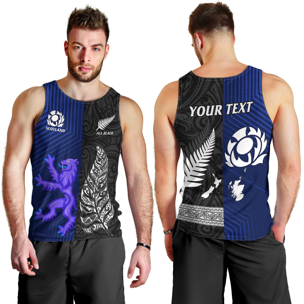 Personalised New Zealand and Scotland Rugby Men Tank Top All Black Maori With Thistle Together LT14 - Polynesian Pride