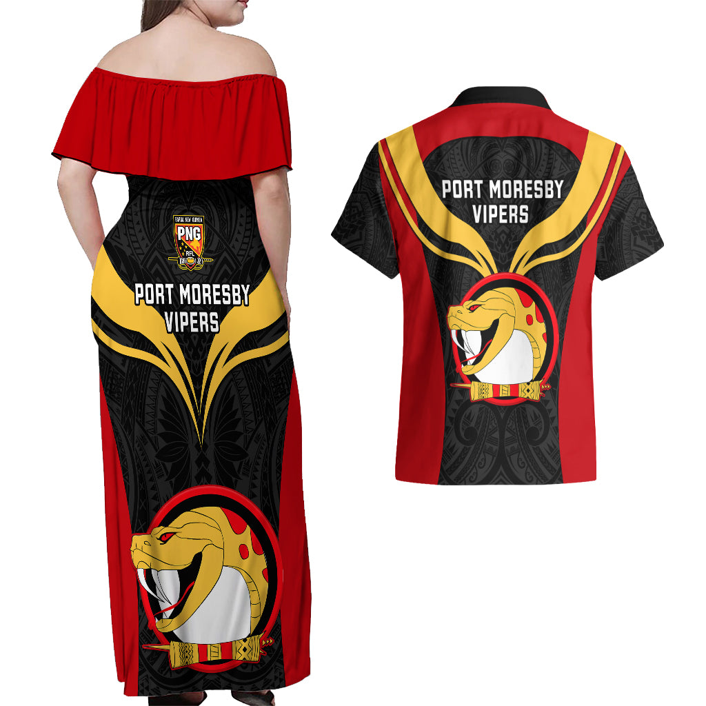 Papua New Guinea Rugby Couples Matching Off Shoulder Maxi Dress and Hawaiian Shirt Port Moresby Vipers PNG Polynesian Pattern LT14 - Polynesian Pride
