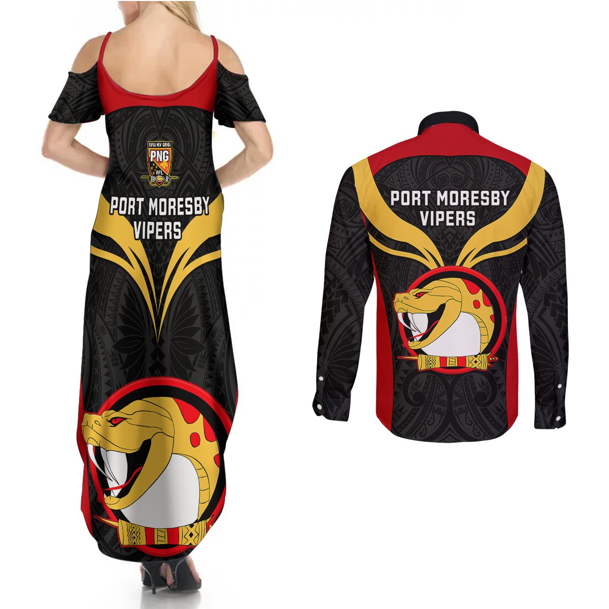 Papua New Guinea Rugby Couples Matching Summer Maxi Dress and Long Sleeve Button Shirts Port Moresby Vipers PNG Polynesian Pattern LT14 - Polynesian Pride