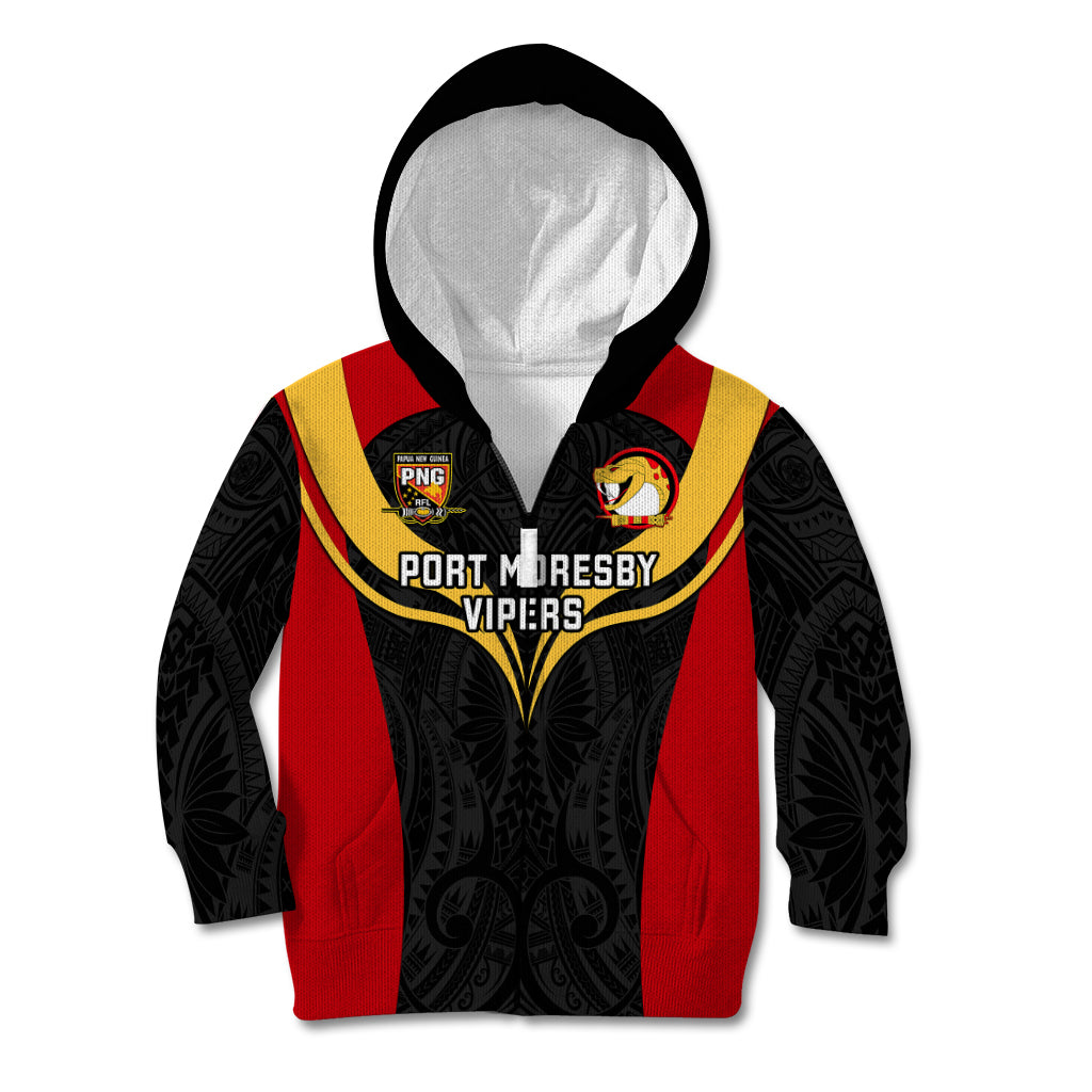 Papua New Guinea Rugby Kid Hoodie Port Moresby Vipers PNG Polynesian Pattern LT14 Zip Hoodie Black - Polynesian Pride