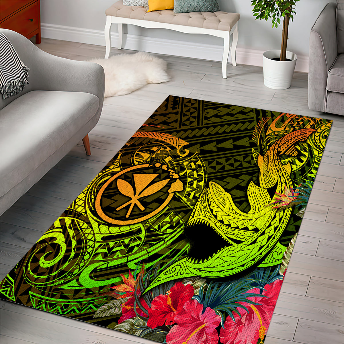 Hawaii Area Rug Kanaka Map With Polynesian Shark Tattoo Reggae Unique LT14 - Polynesian Pride