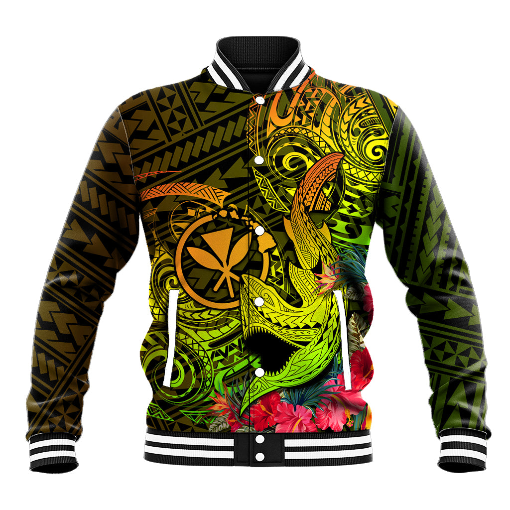 Hawaii Baseball Jacket Kanaka Map With Polynesian Shark Tattoo Reggae Unique LT14 Unisex Reggae - Polynesian Pride