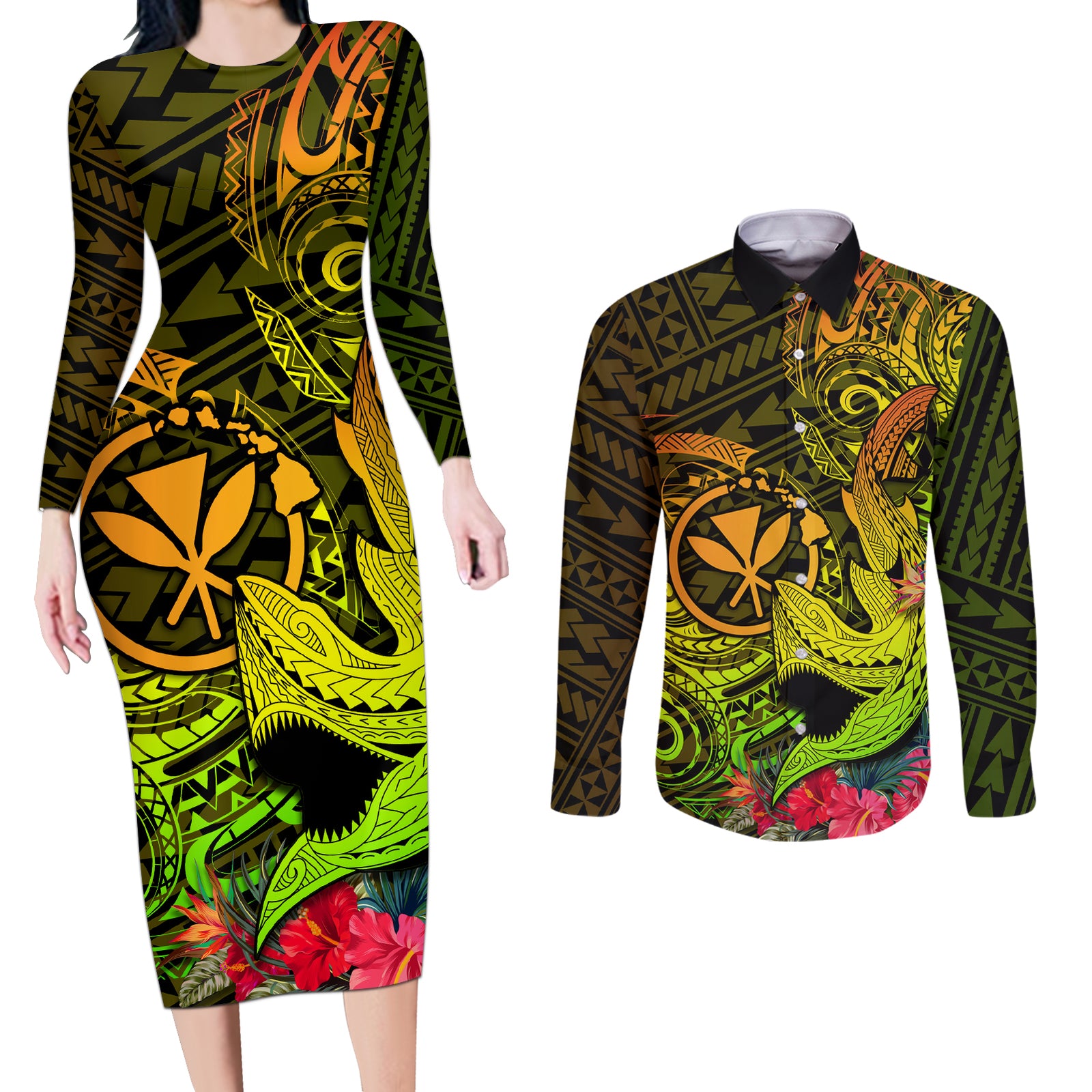 Hawaii Couples Matching Long Sleeve Bodycon Dress and Long Sleeve Button Shirts Kanaka Map With Polynesian Shark Tattoo Reggae Unique LT14 Reggae - Polynesian Pride