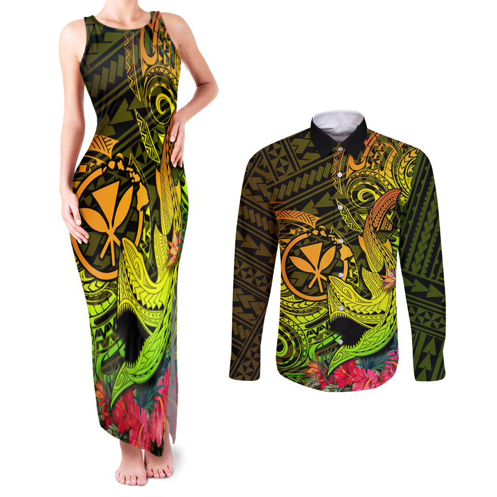 Hawaii Couples Matching Tank Maxi Dress and Long Sleeve Button Shirts Kanaka Map With Polynesian Shark Tattoo Reggae Unique LT14 Reggae - Polynesian Pride
