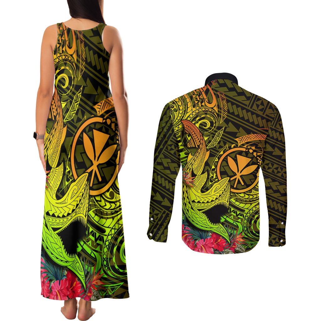 Hawaii Couples Matching Tank Maxi Dress and Long Sleeve Button Shirts Kanaka Map With Polynesian Shark Tattoo Reggae Unique LT14 - Polynesian Pride
