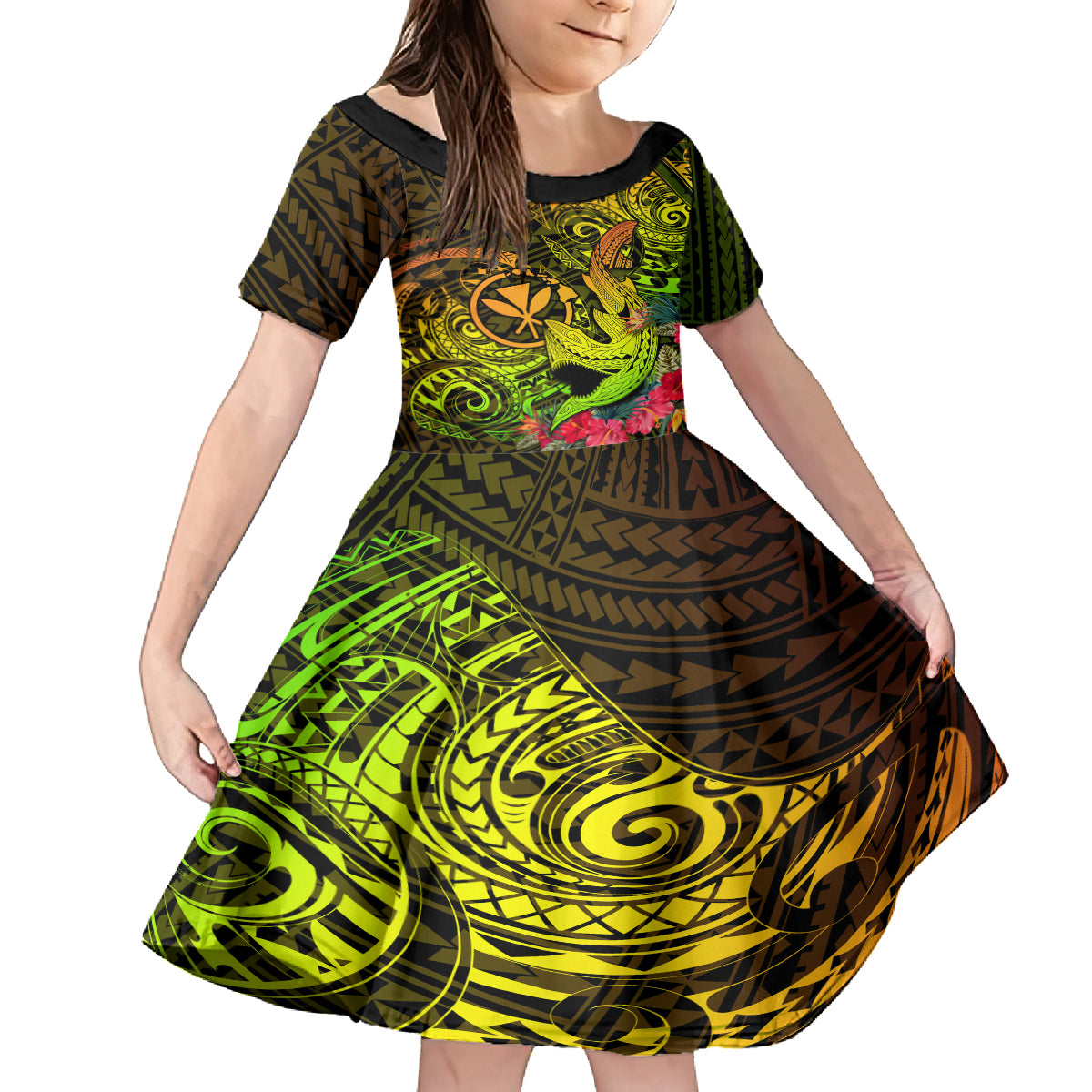 Hawaii Family Matching Off Shoulder Maxi Dress and Hawaiian Shirt Kanaka Map With Polynesian Shark Tattoo Reggae Unique LT14 Daughter's Dress Reggae - Polynesian Pride