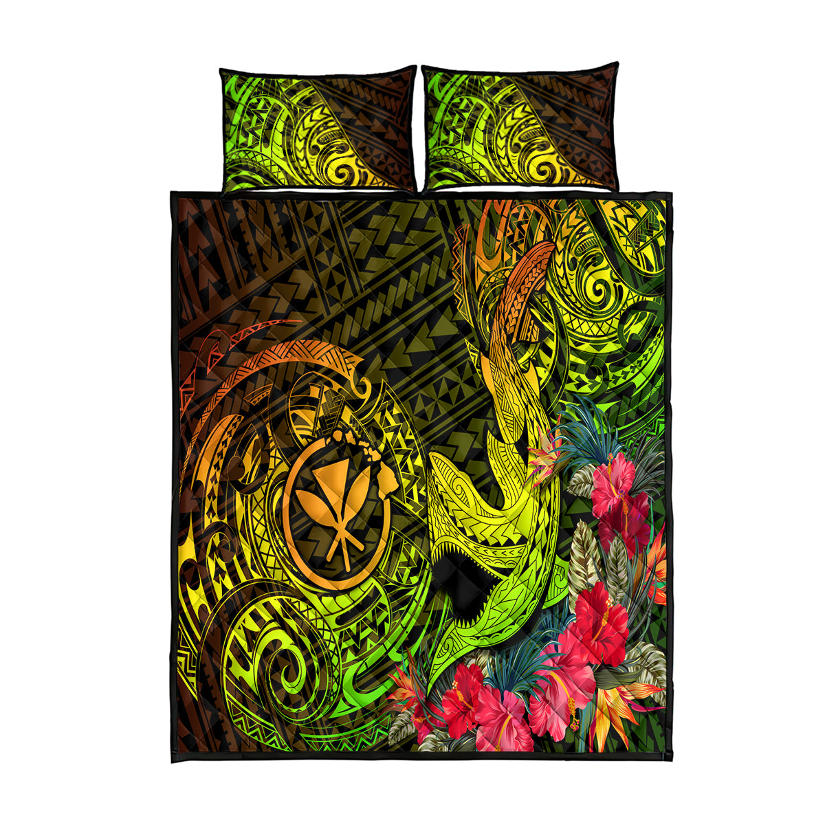 Hawaii Quilt Bed Set Kanaka Map With Polynesian Shark Tattoo Reggae Unique LT14 Reggae - Polynesian Pride