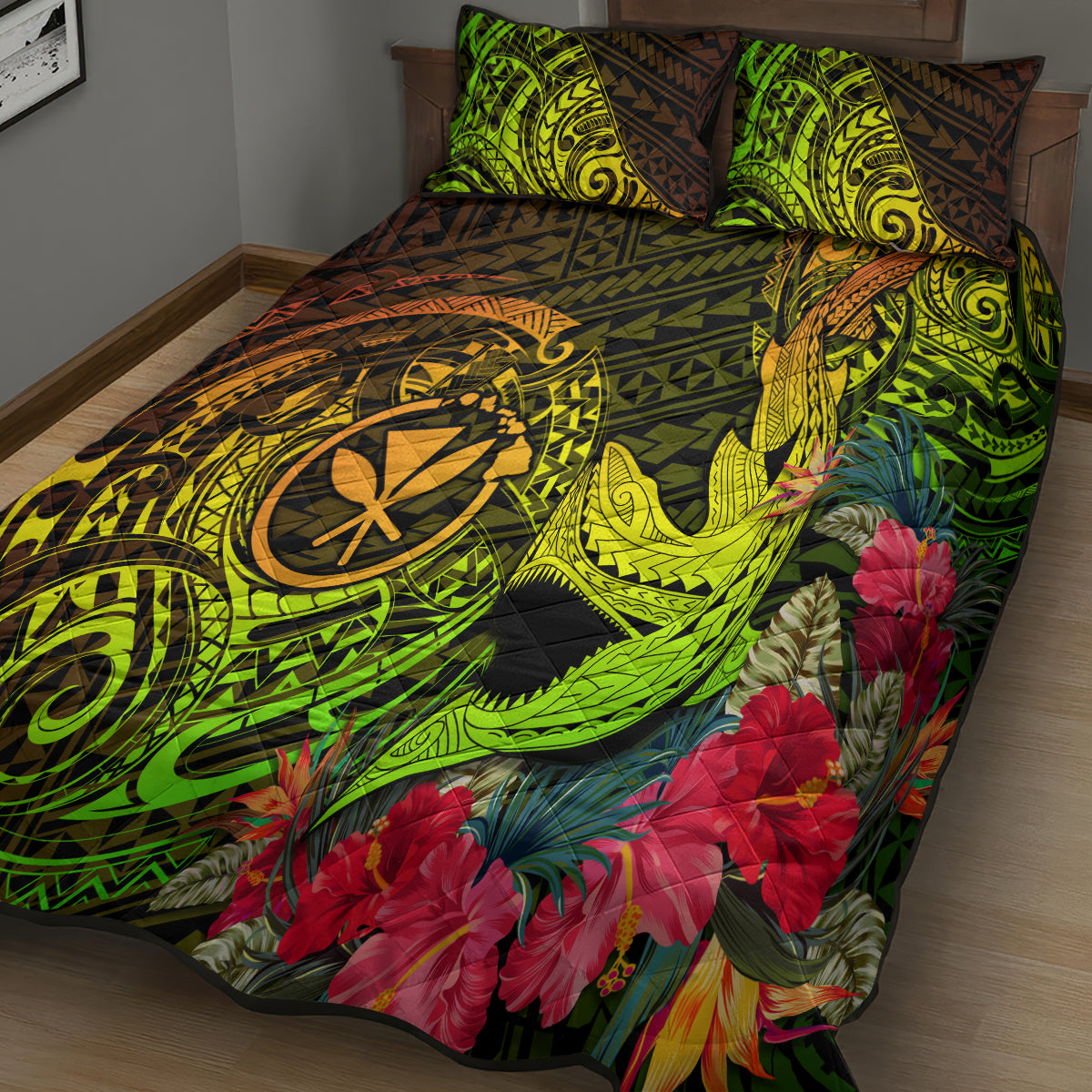 Hawaii Quilt Bed Set Kanaka Map With Polynesian Shark Tattoo Reggae Unique LT14 - Polynesian Pride