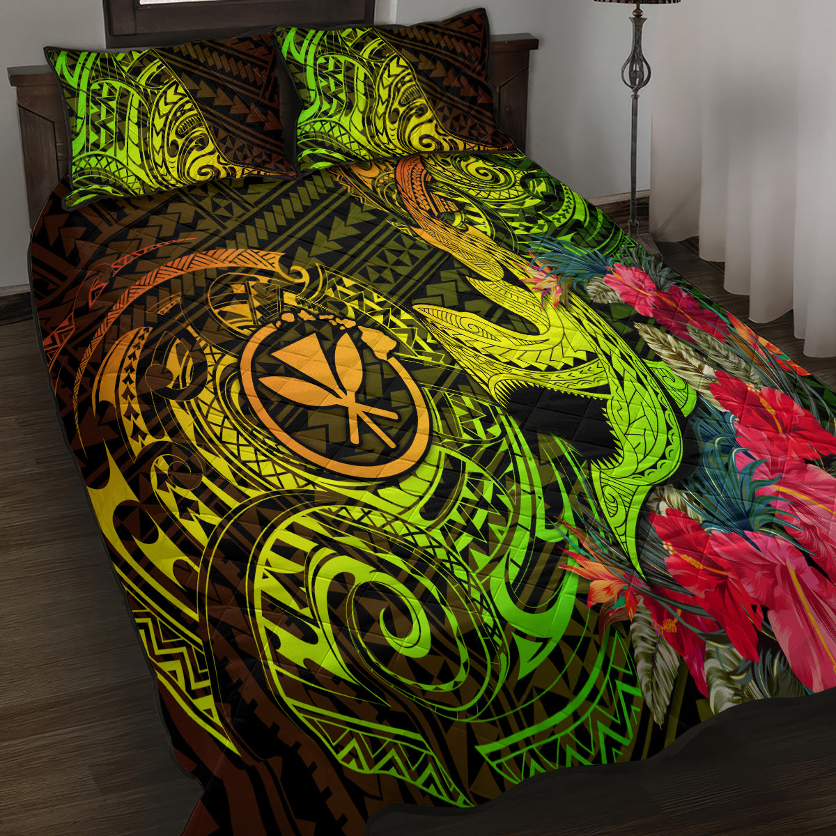 Hawaii Quilt Bed Set Kanaka Map With Polynesian Shark Tattoo Reggae Unique LT14 - Polynesian Pride