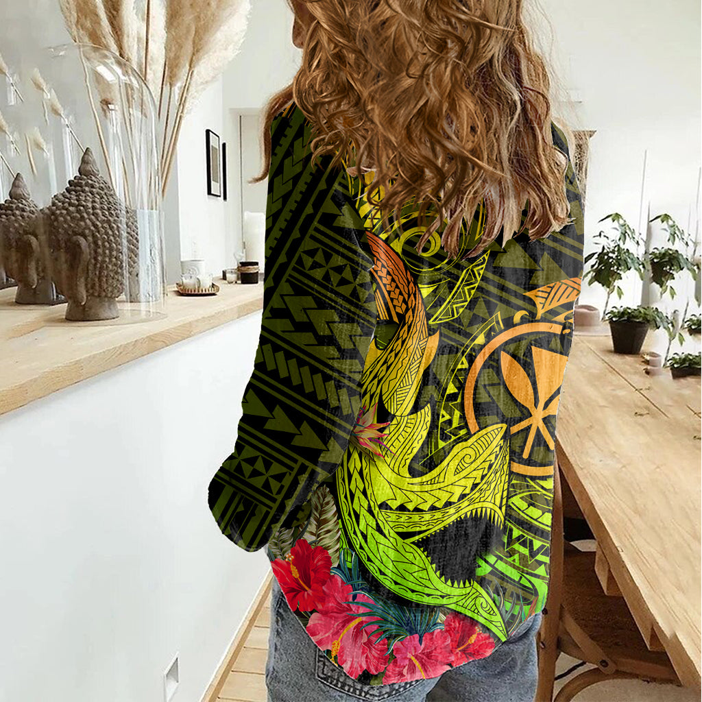 Hawaii Women Casual Shirt Kanaka Map With Polynesian Shark Tattoo Reggae Unique LT14 - Polynesian Pride