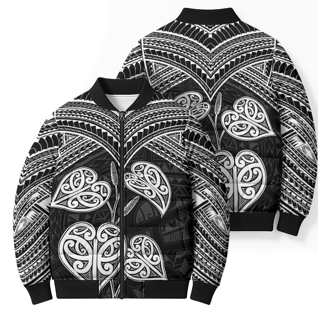 Black New Zealand Kawakawa Maori Ngaru Bomber Puffer Jacket LT14 - Polynesian Pride