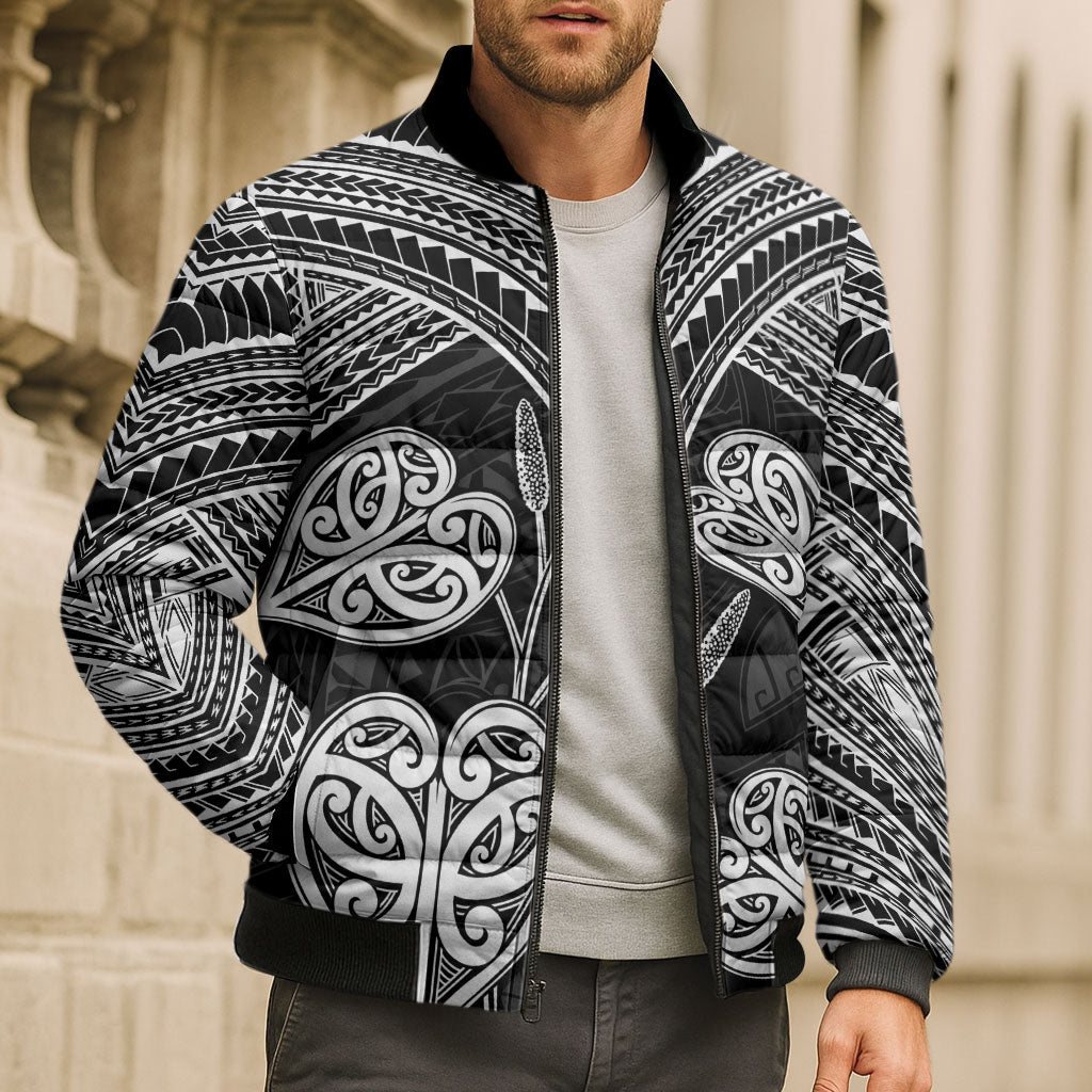 Black New Zealand Kawakawa Maori Ngaru Bomber Puffer Jacket LT14 - Polynesian Pride