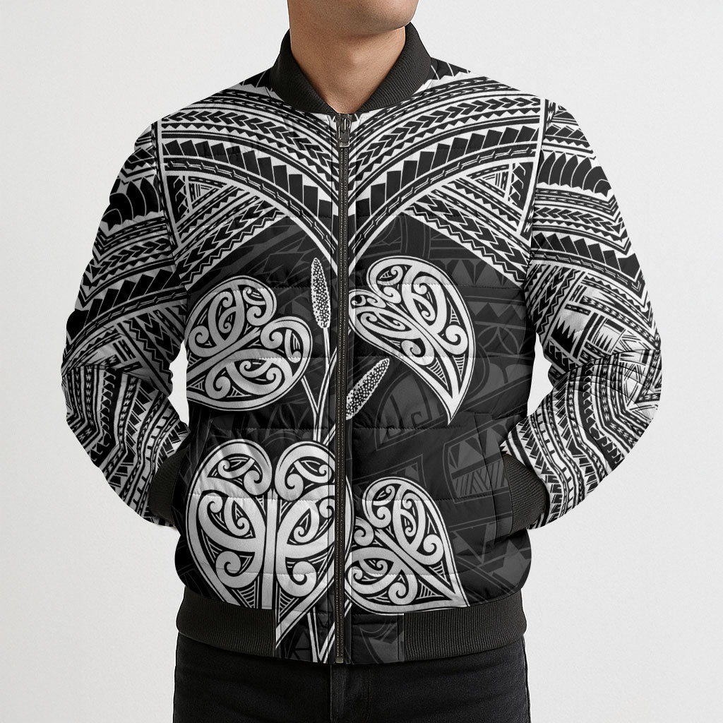 Black New Zealand Kawakawa Maori Ngaru Bomber Puffer Jacket LT14 - Polynesian Pride