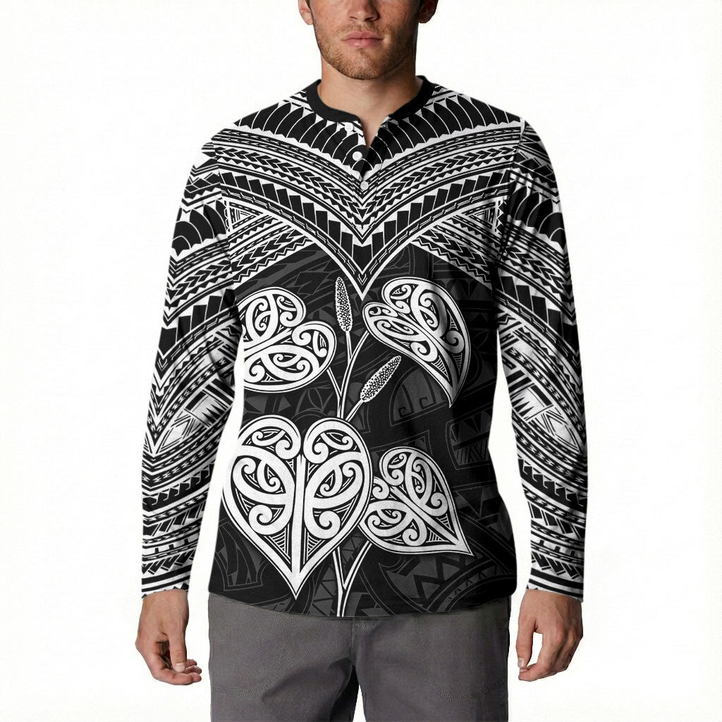Black New Zealand Kawakawa Maori Ngaru Button Sweatshirt LT14 - Polynesian Pride