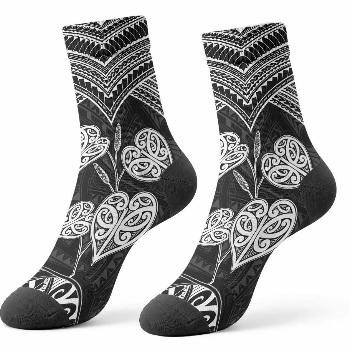 Black New Zealand Kawakawa Maori Ngaru Crew Socks LT14 - Polynesian Pride