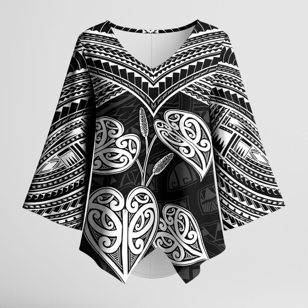 Black New Zealand Kawakawa Maori Ngaru Kimono Sleeve Blouse LT14 Female Black - Polynesian Pride
