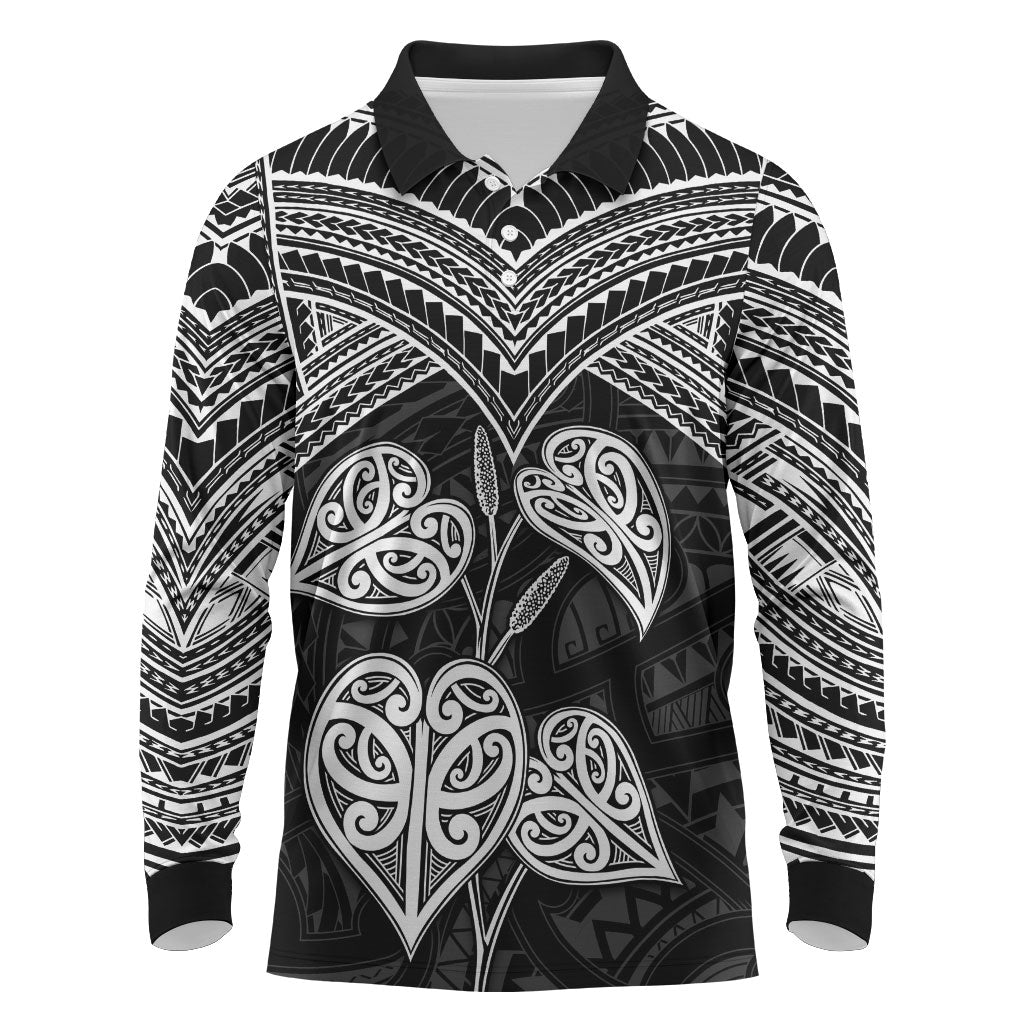 Black New Zealand Kawakawa Maori Ngaru Long Sleeve Polo Shirt LT14 Black - Polynesian Pride