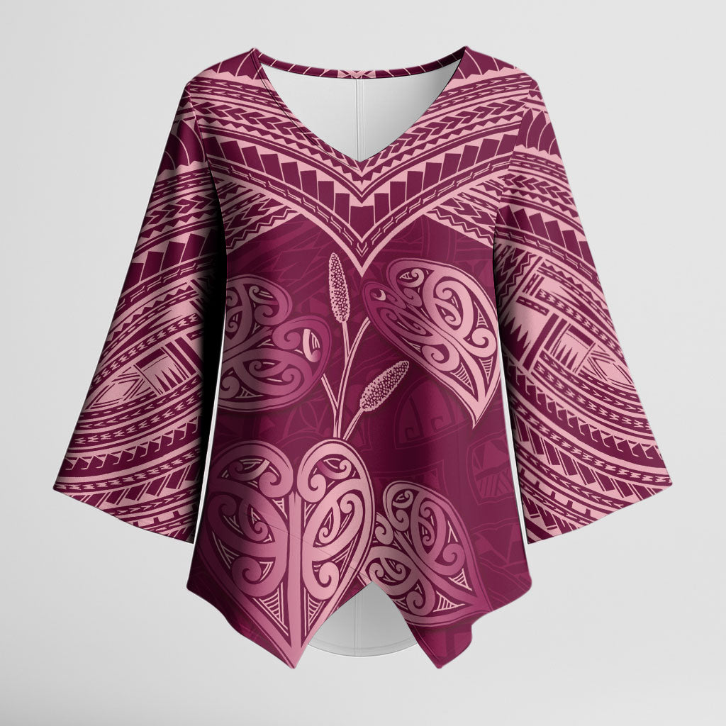 Burgundy New Zealand Kawakawa Maori Ngaru Kimono Sleeve Blouse LT14 Female Burgundy - Polynesian Pride