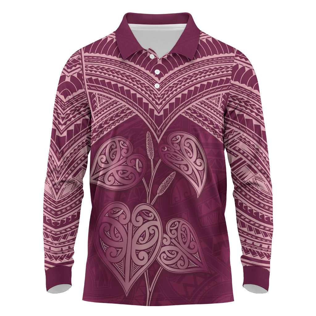 Burgundy New Zealand Kawakawa Maori Ngaru Long Sleeve Polo Shirt LT14 Burgundy - Polynesian Pride