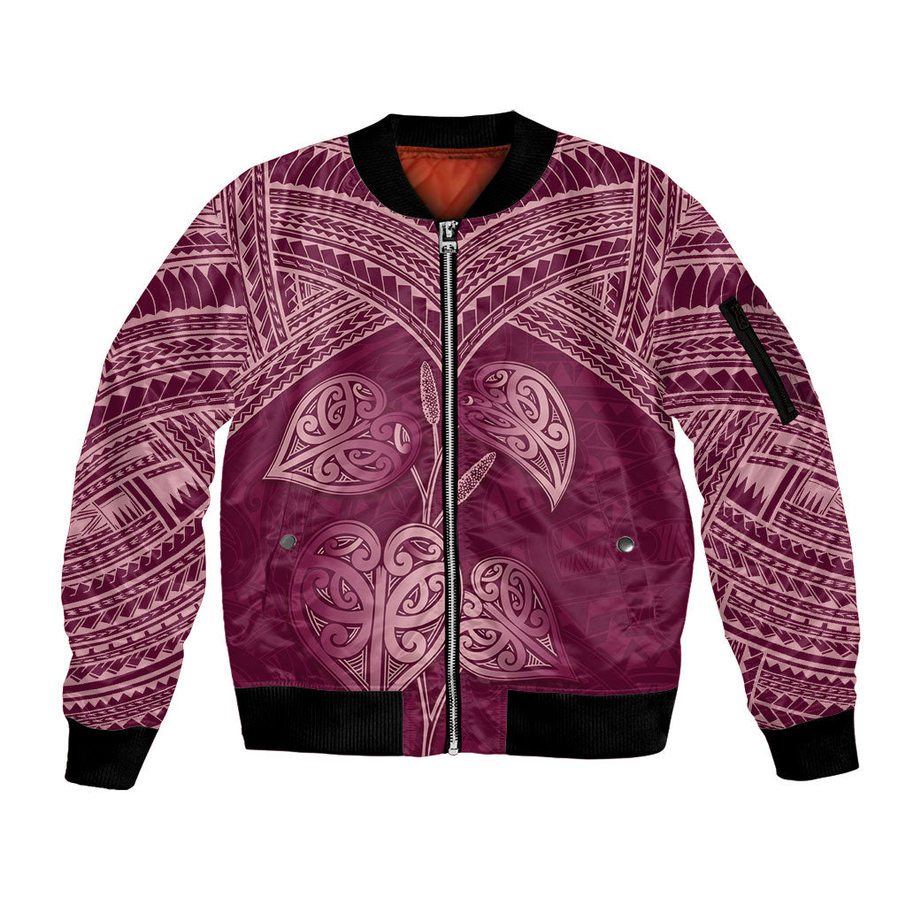 Burgundy New Zealand Kawakawa Maori Ngaru Sleeve Zip Bomber Jacket