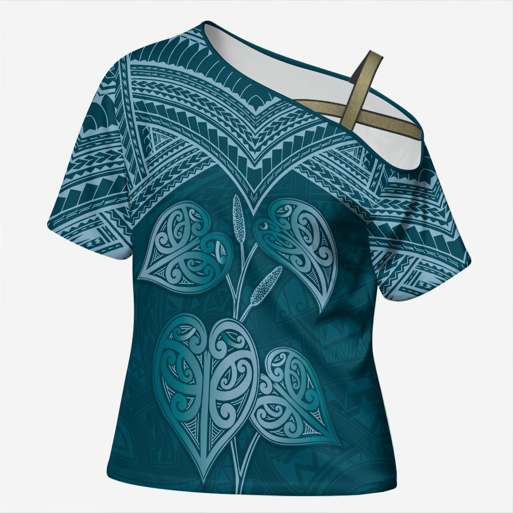 Cyan New Zealand Kawakawa Maori Ngaru Cross Shoulder Shirt