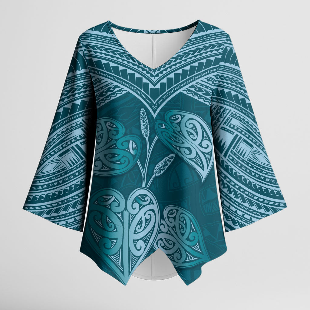 Cyan New Zealand Kawakawa Maori Ngaru Kimono Sleeve Blouse LT14 Female Cyan - Polynesian Pride