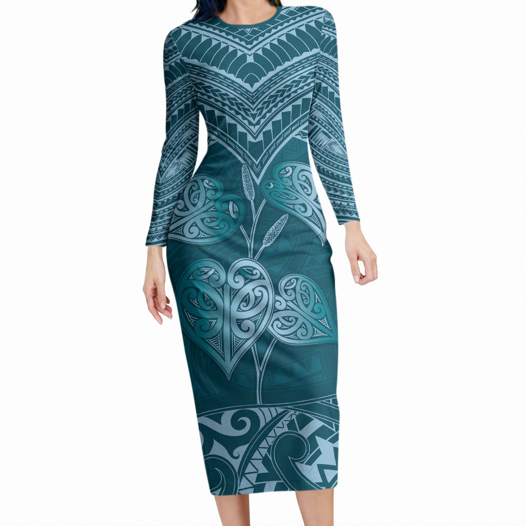 Cyan New Zealand Kawakawa Maori Ngaru Long Sleeve Bodycon Dress