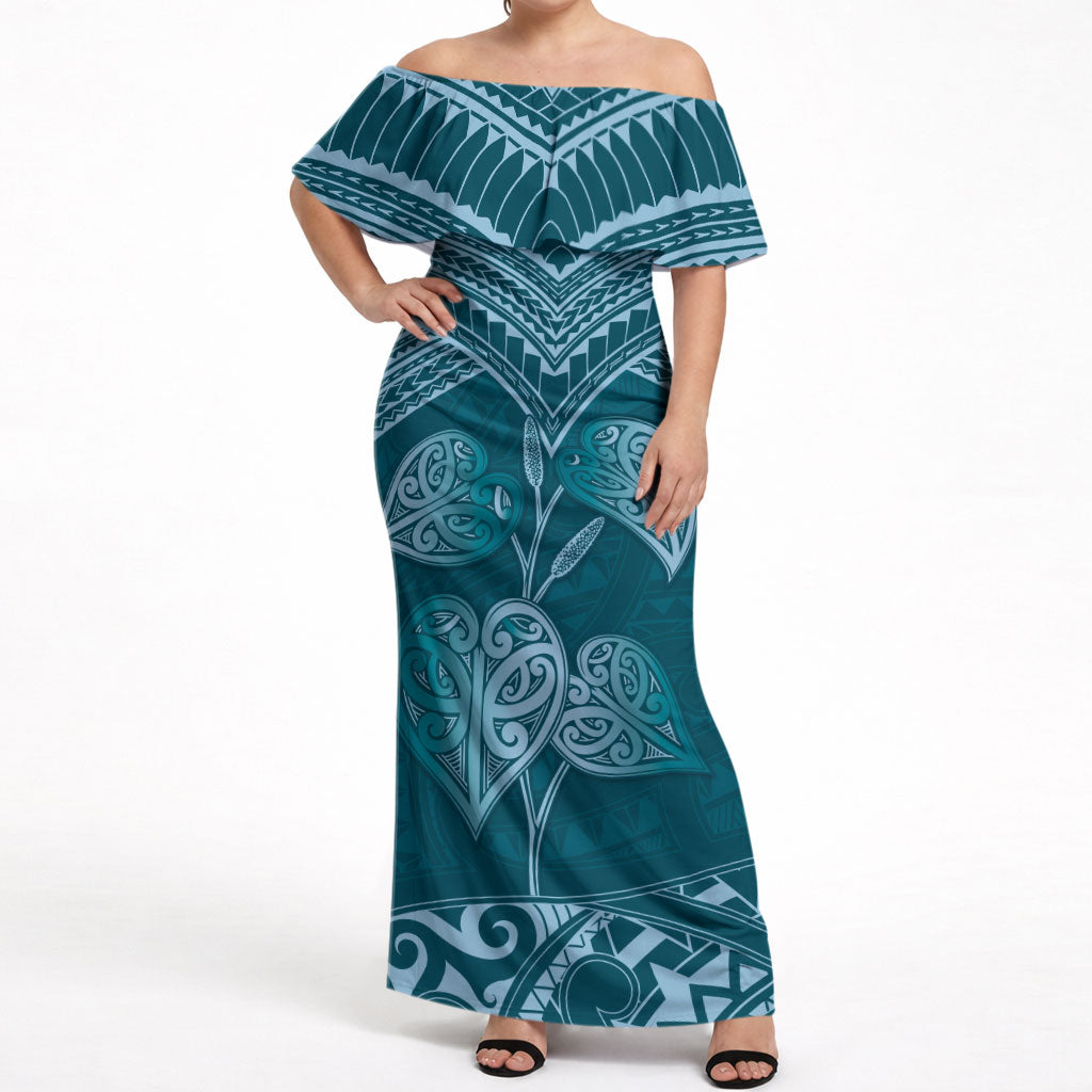 Cyan New Zealand Kawakawa Maori Ngaru Off Shoulder Maxi Dress LT14 Women Cyan - Polynesian Pride