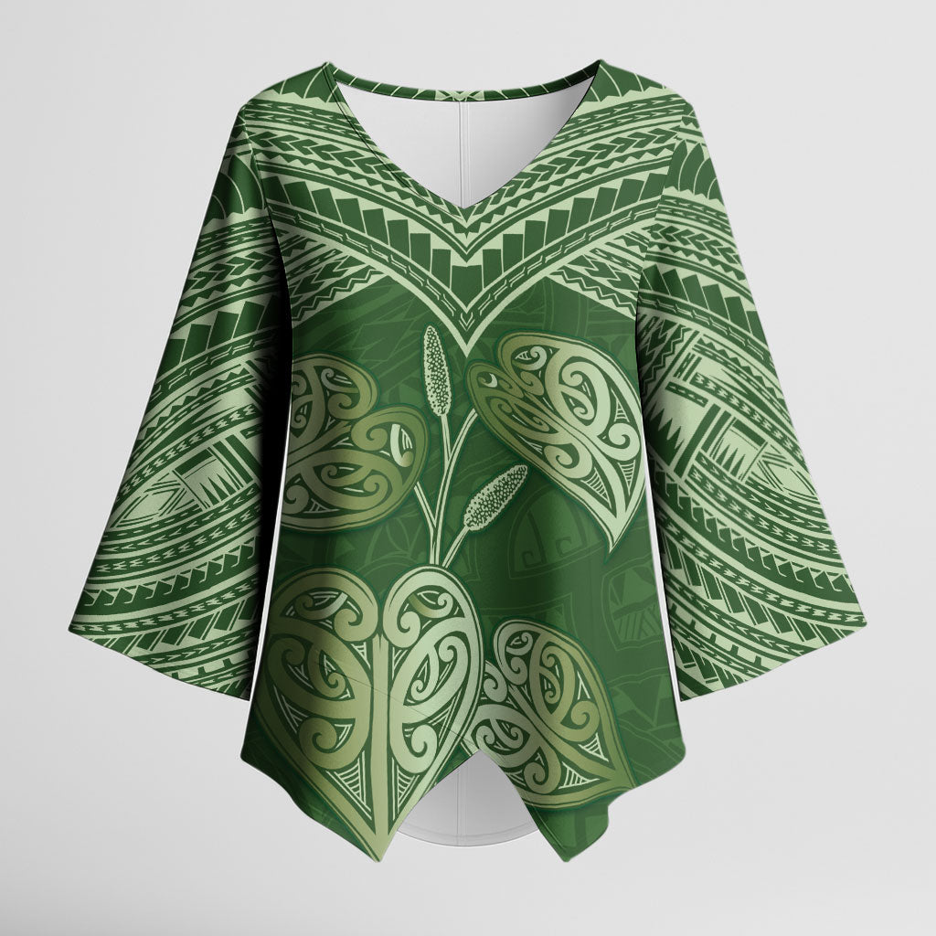 Green New Zealand Kawakawa Maori Ngaru Kimono Sleeve Blouse LT14 Female Green - Polynesian Pride