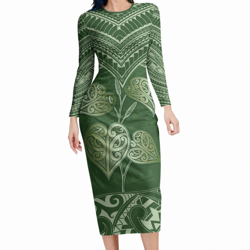 Green New Zealand Kawakawa Maori Ngaru Long Sleeve Bodycon Dress