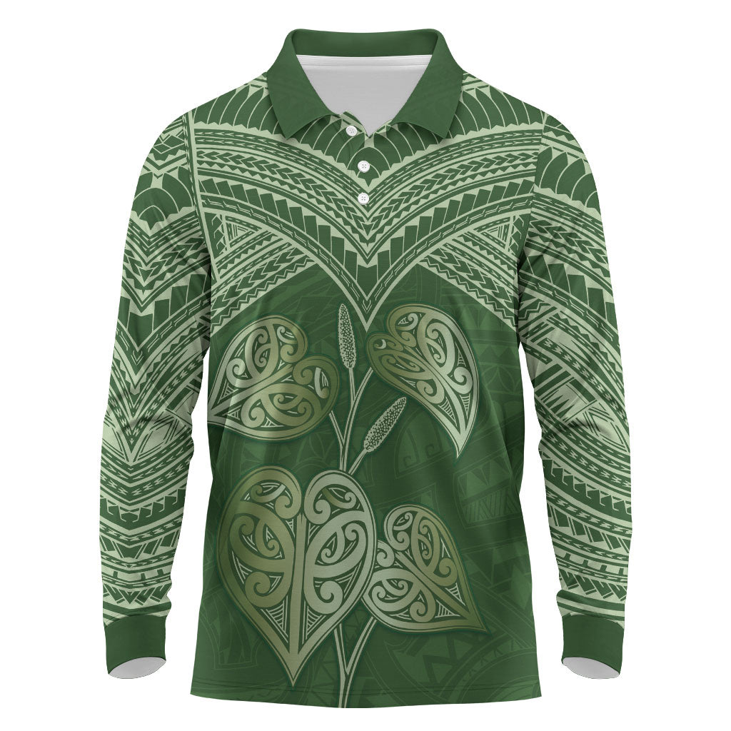 Green New Zealand Kawakawa Maori Ngaru Long Sleeve Polo Shirt LT14 Green - Polynesian Pride