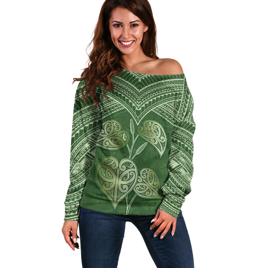 Green New Zealand Kawakawa Maori Ngaru Off Shoulder Sweater