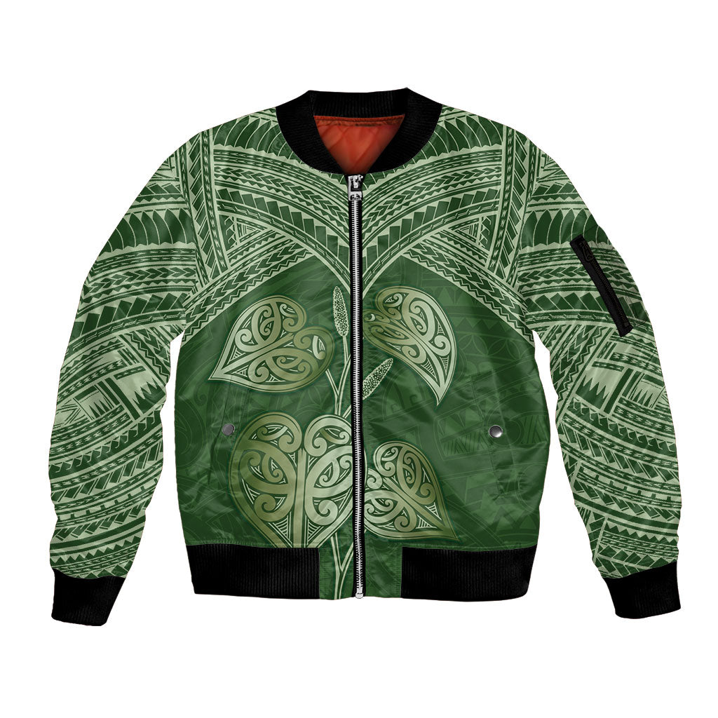 Green New Zealand Kawakawa Maori Ngaru Sleeve Zip Bomber Jacket