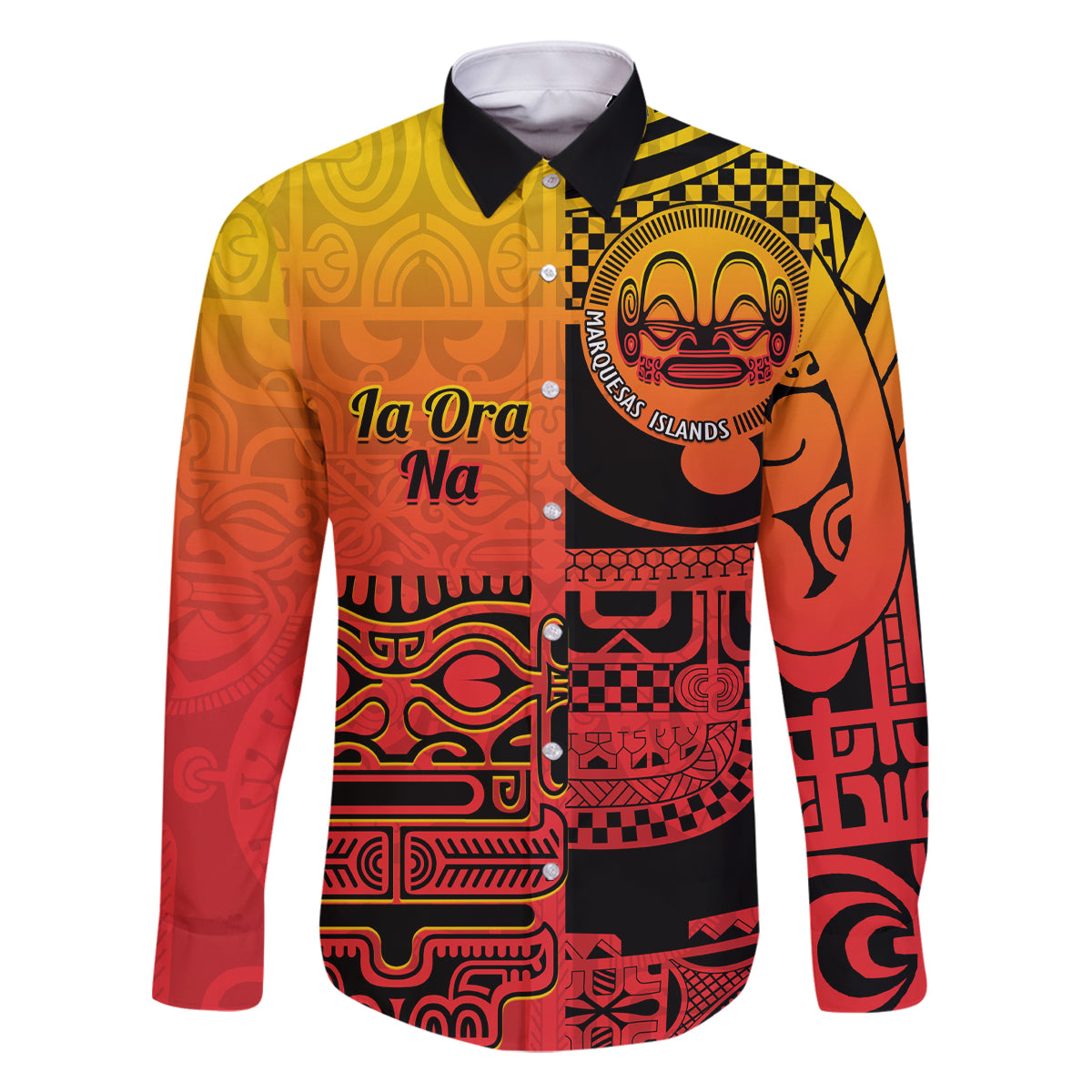 Personalised Ia Ora Na Marquesas Islands Family Matching Off Shoulder Maxi Dress and Hawaiian Shirt Mata Tiki Marquesan Tattoo LT14 Dad's Shirt - Long Sleeve Red - Polynesian Pride