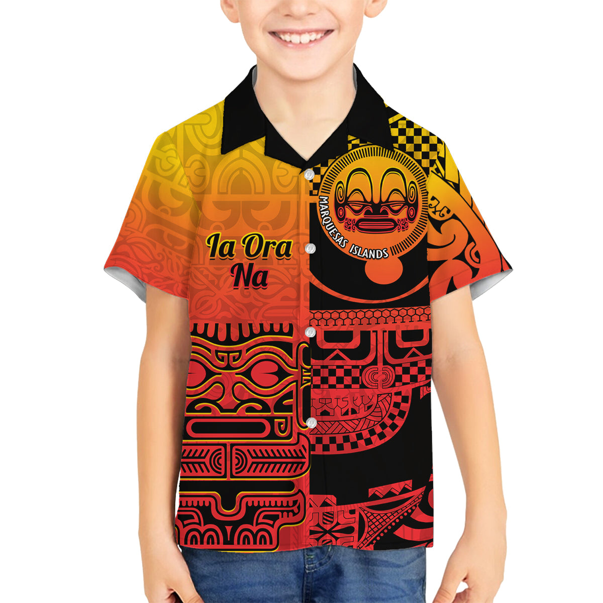 Personalised Ia Ora Na Marquesas Islands Family Matching Off Shoulder Maxi Dress and Hawaiian Shirt Mata Tiki Marquesan Tattoo LT14 Son's Shirt Red - Polynesian Pride