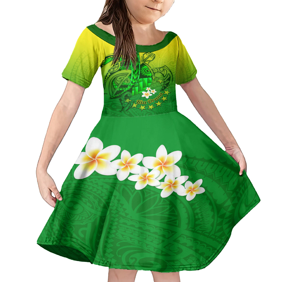 Kia Orana Cook Islands Family Matching Summer Maxi Dress and Hawaiian Shirt Kuki Airani Tattoo Pattern With Sea Turtle LT14 Daughter's Dress Green - Polynesian Pride