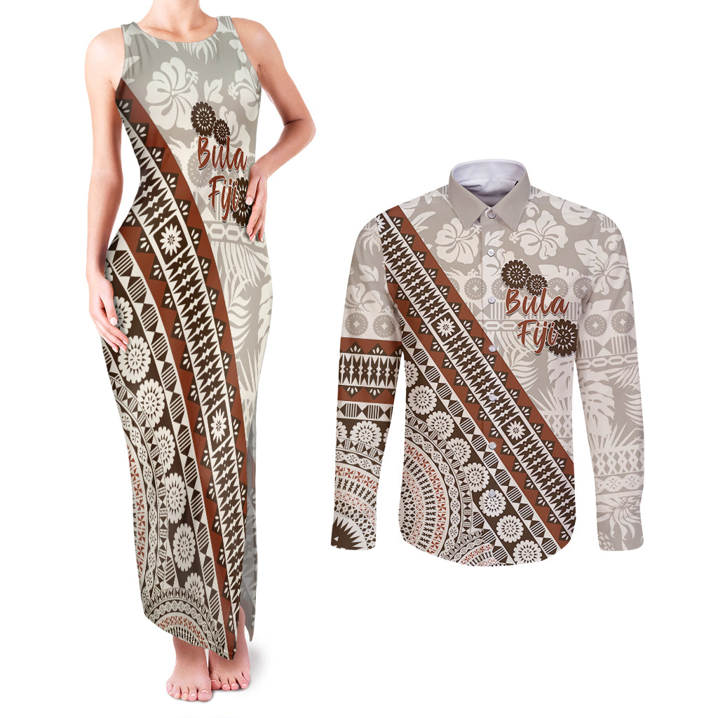 Bula Fiji Couples Matching Tank Maxi Dress and Long Sleeve Button Shirt Fijian Masi Tapa Cloth Vintage Vibes LT14 Beige - Polynesian Pride