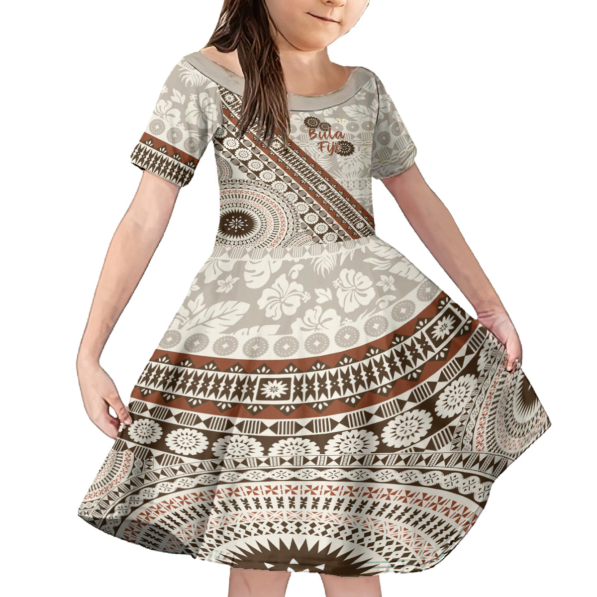 Bula Fiji Family Matching Off Shoulder Long Sleeve Dress and Hawaiian Shirt Fijian Masi Tapa Cloth Vintage Vibes LT14 Daughter's Dress Beige - Polynesian Pride