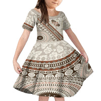 Bula Fiji Family Matching Off Shoulder Short Dress and Hawaiian Shirt Fijian Masi Tapa Cloth Vintage Vibes LT14 Daughter's Dress Beige - Polynesian Pride