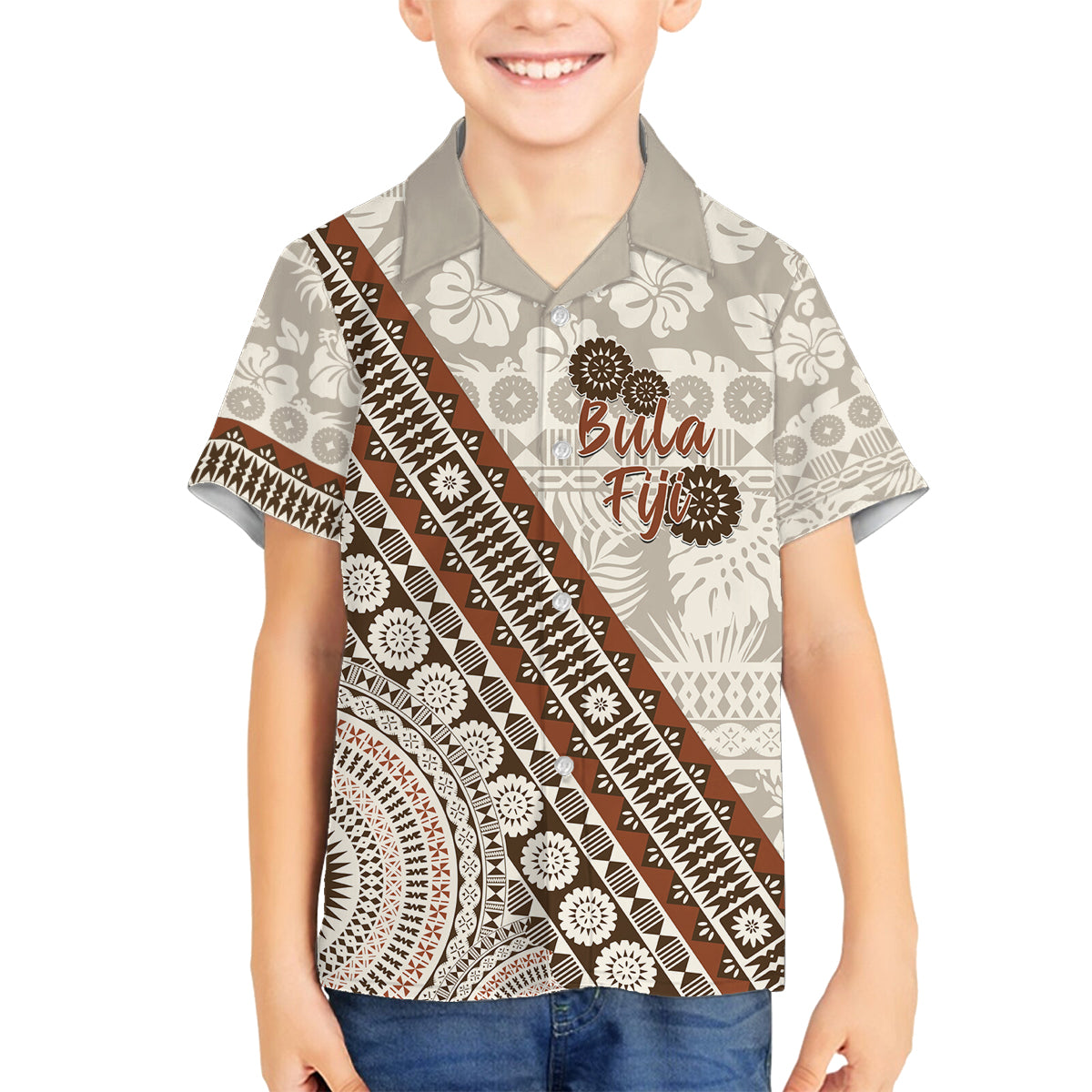Bula Fiji Family Matching Tank Maxi Dress and Hawaiian Shirt Fijian Masi Tapa Cloth Vintage Vibes LT14 Son's Shirt Beige - Polynesian Pride