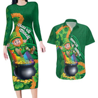 St Patrick's Day Hawaii Couples Matching Long Sleeve Bodycon Dress and Hawaiian Shirt Hauoli Maoli Funny Shaka Leprechaun LT14 Green - Polynesian Pride