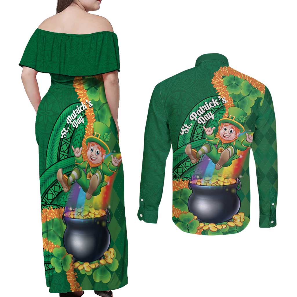 St Patrick's Day Hawaii Couples Matching Off Shoulder Maxi Dress and Long Sleeve Button Shirt Hauoli Maoli Funny Shaka Leprechaun