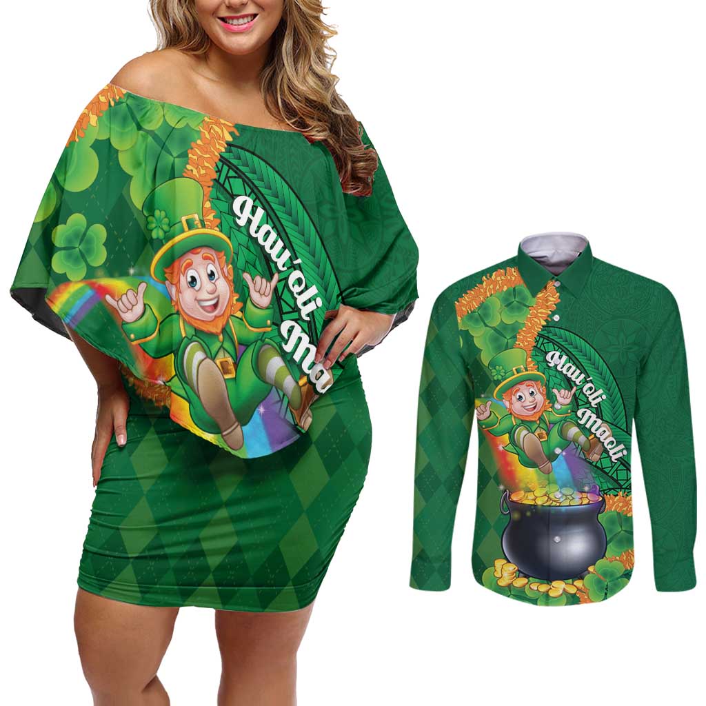 St Patrick's Day Hawaii Couples Matching Off Shoulder Short Dress and Long Sleeve Button Shirt Hauoli Maoli Funny Shaka Leprechaun